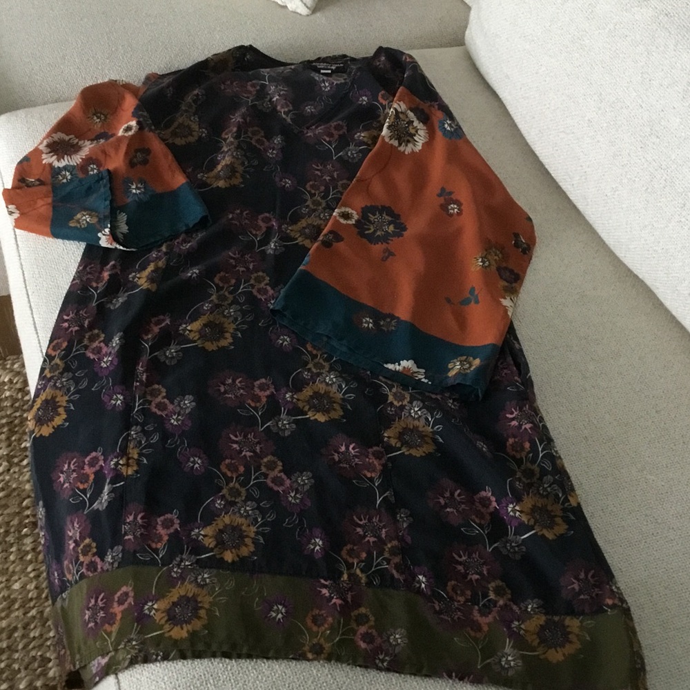 Johnny Was Black Floral V-Neck Tunic with Rust & Olive Accents